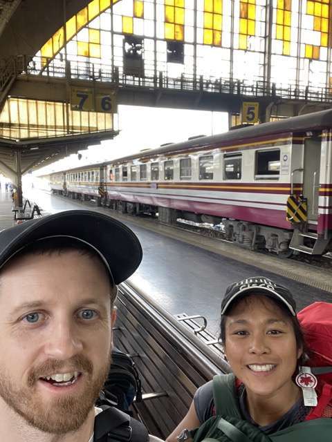 At the train station in Bangkok, getting ready to board our train to Ayutthaya